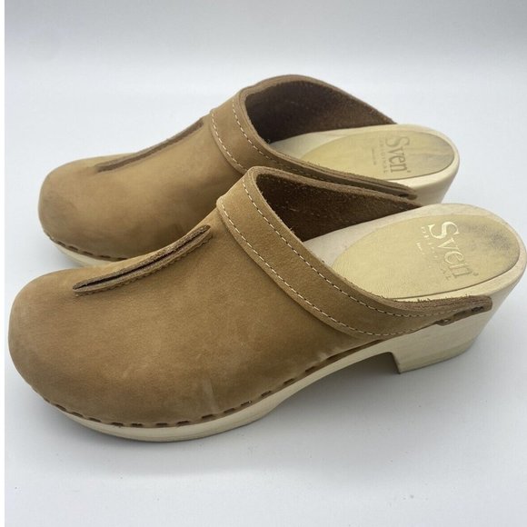 Sven Shoes - SVEN Size 37 Slip On Swedish Clogs Tan Leather Chunky Heel 6.5-7